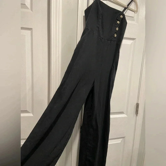 Urban Outfitters Black Linen Blend Jumpsuit Spaghetti Strap Button Detail Size 0 - Picture 6 of 12